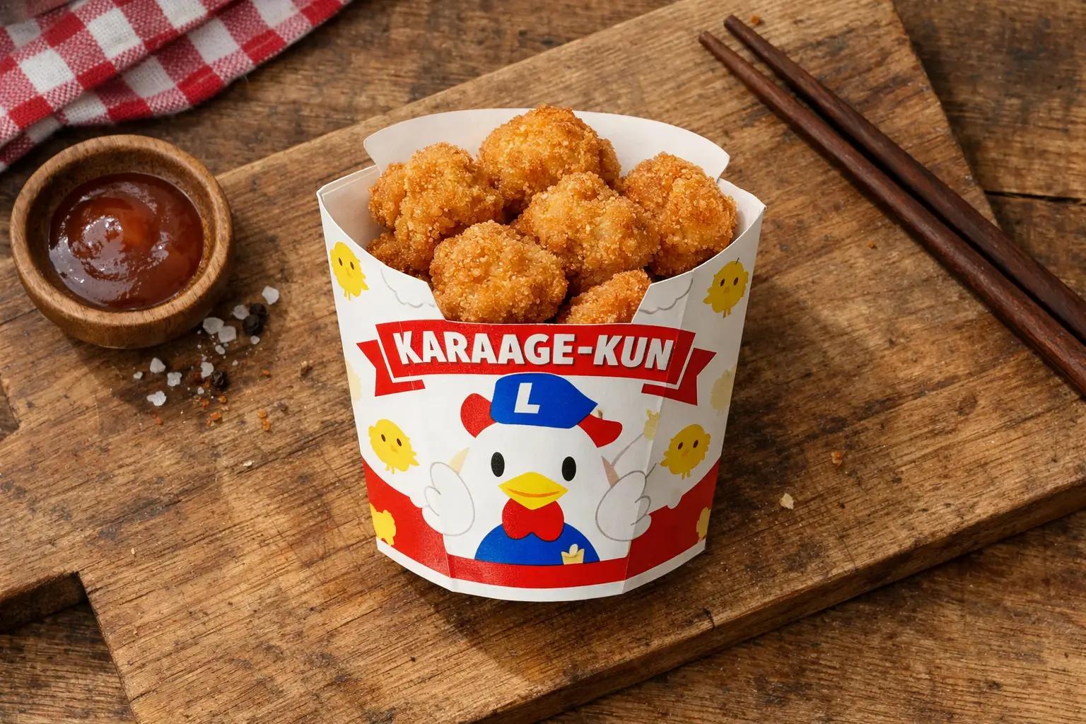Lawson Karaage-kun five-piece fried chicken box in its iconic chicken-shaped packaging