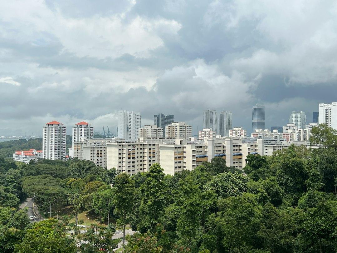 Singapore residential blocks and city skyline surrounded by lush green trees under a cloudy overcast sky