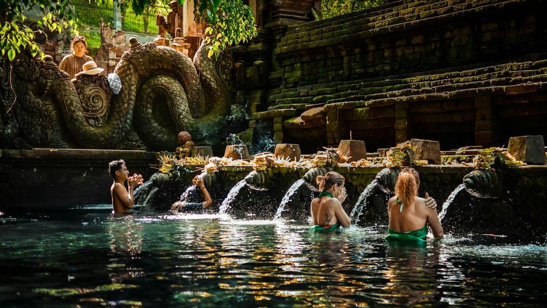 Visitors bathing in Tirta Gangga's sacred spring pool beneath ornate stone dragon spouts and moss-covered temple walls, Bali