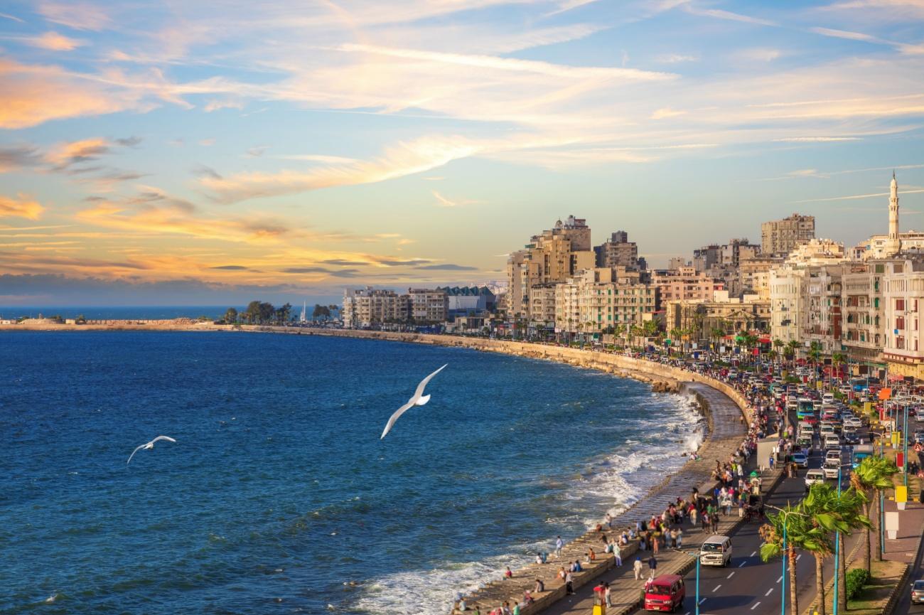 Solo traveler walking along the Alexandria Corniche with the Qaitbay Citadel in view