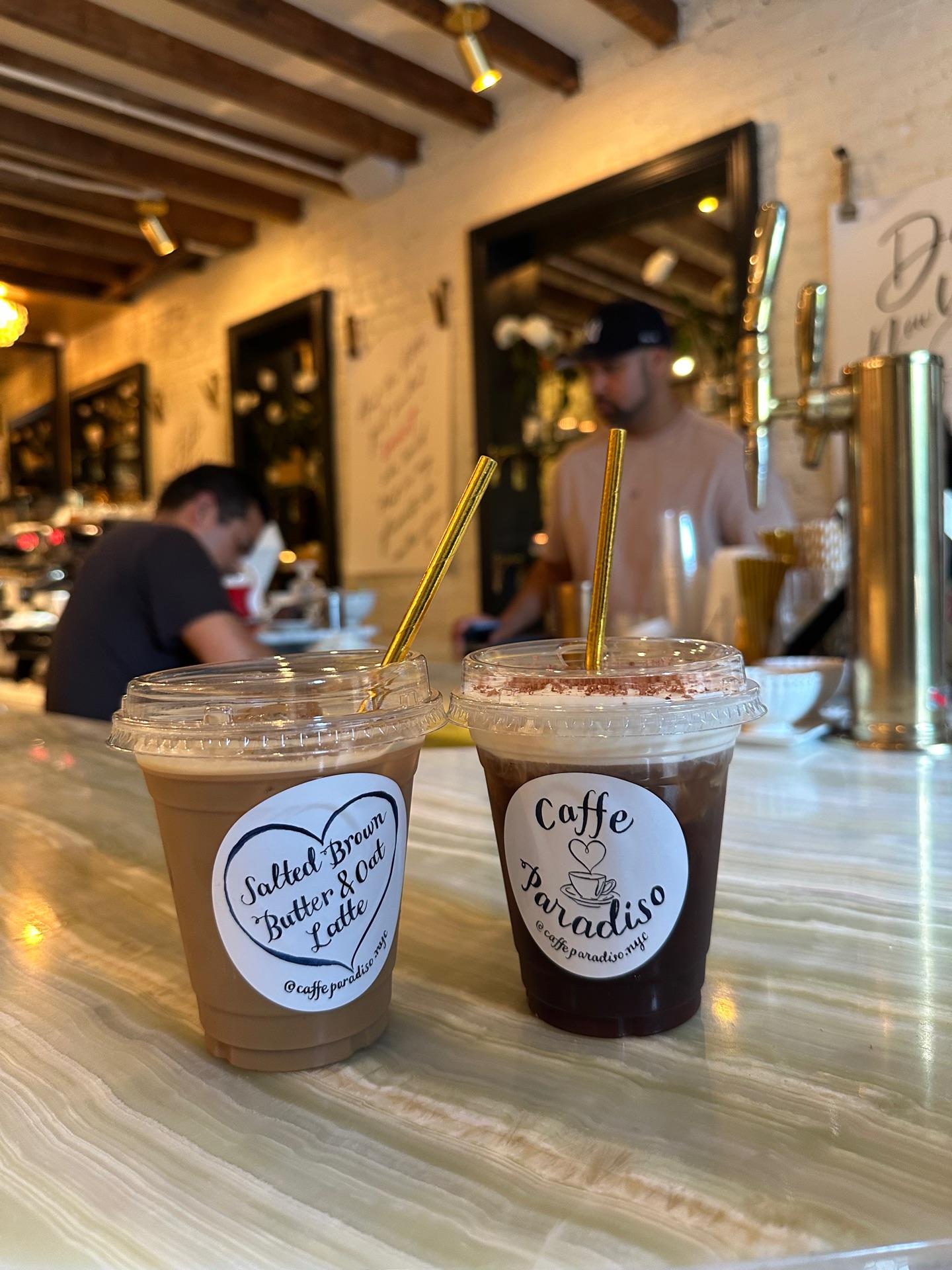 Salted Brown Butter Oat Latte poured from a tap at Caffè Paradiso in Nolita, NYC