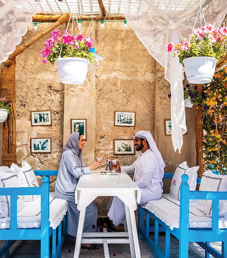 Blue and white courtyard of Arabian Tea House in Al Fahidi Dubai