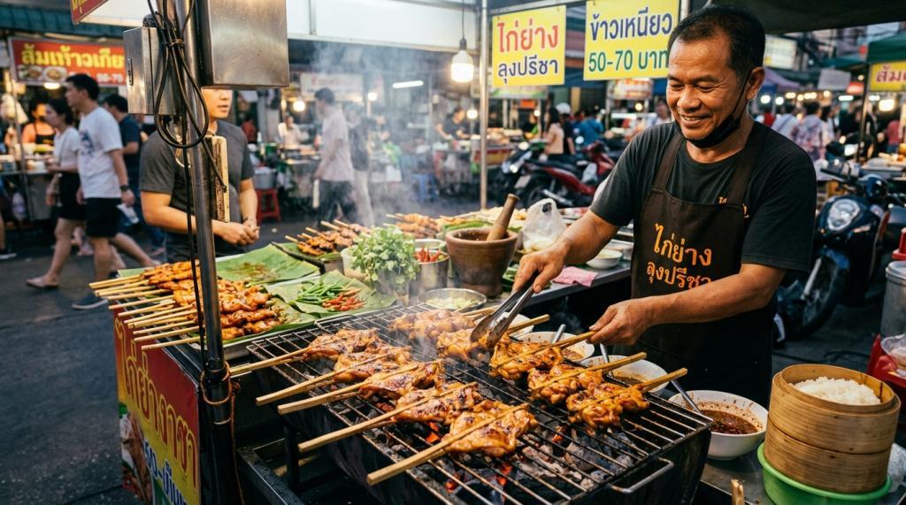 Grilled meat skewers on banana leaves at a Thai night market stall, with a handwritten beef price sign