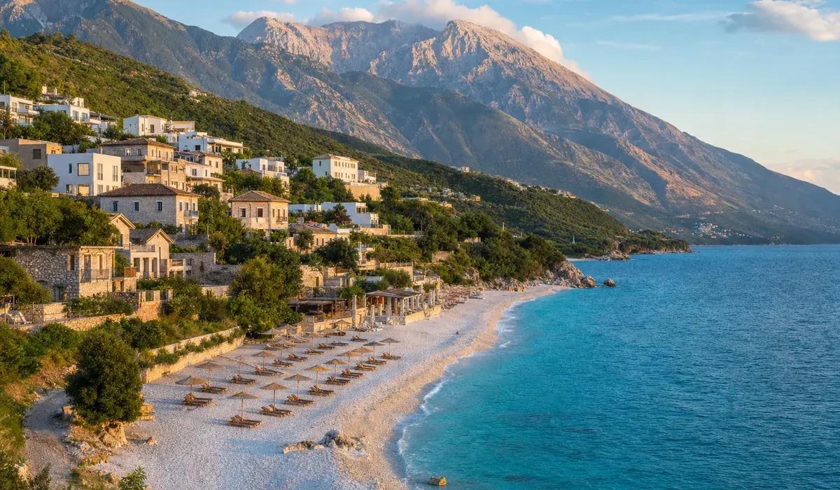 Turquoise Ionian coves viewed from the Llogara Pass above Dhërmi on the Albanian Riviera