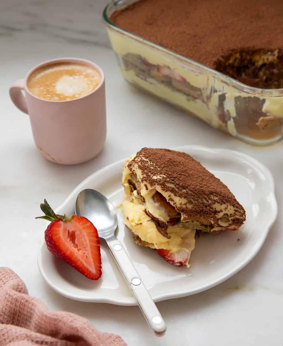 Tiramisu served at Public in Dubai, a dessert spot known for its Burj Khalifa views.