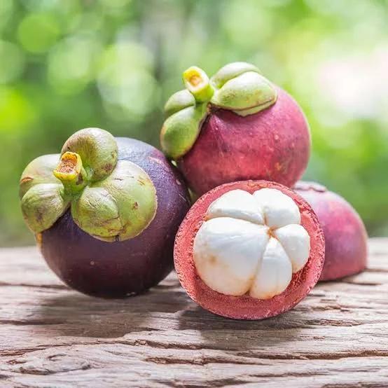 Purple mangosteen fruit cut in half showing white segments on a market stall in Ubud Bali