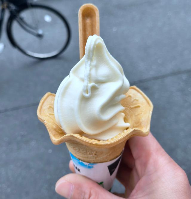 Ministop soft serve ice cream in a waffle cone made with Hokkaido milk