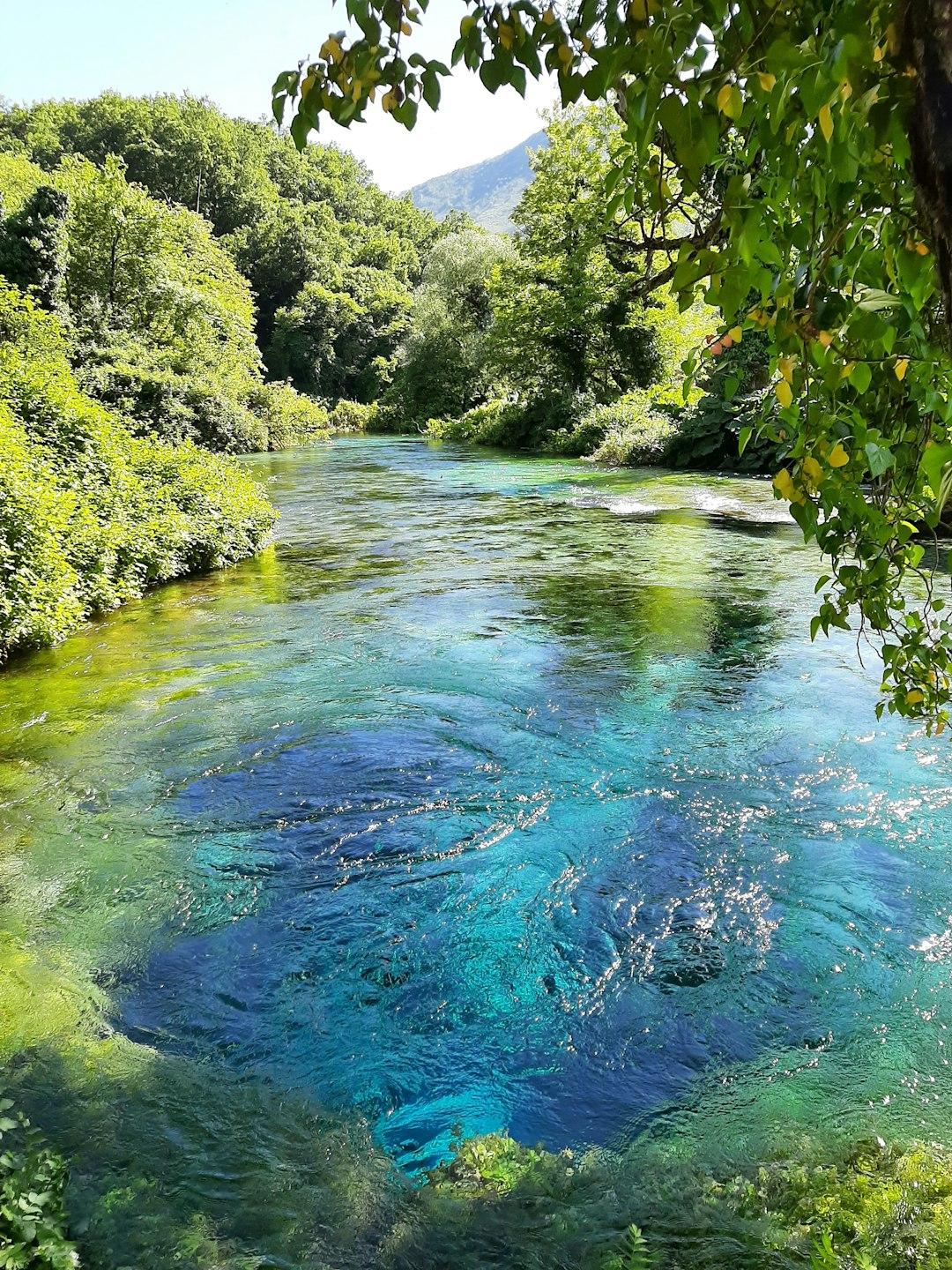 Crystal-clear Blue Eye Spring in Albania with vivid blue-green swirling water surrounded by lush green trees and a mountain backdrop