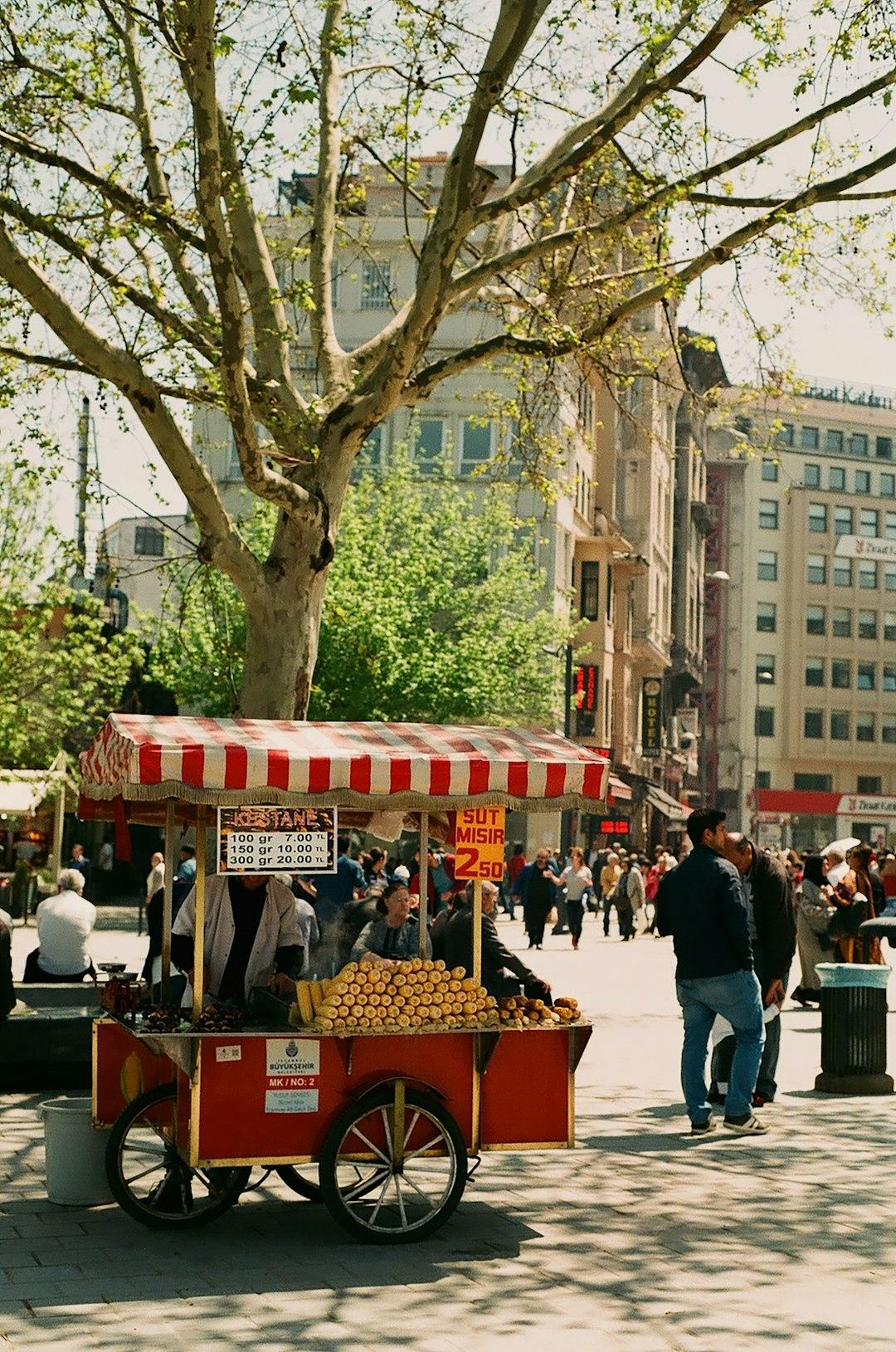 Busy Eminönü square in Istanbul with street food carts, crowds, and the Süleymaniye Mosque rising in the background