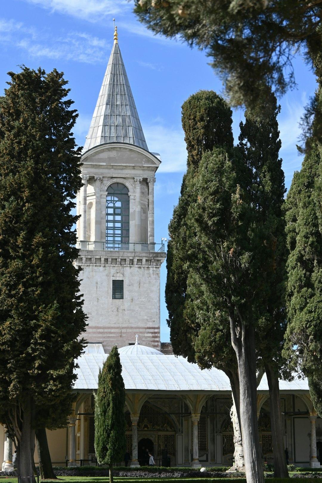 Tower of Justice at Topkapi Palace rising above cypress trees in Istanbul under a blue sky
